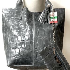 Leather PELLE Croc Embossed Tote Shopper Shoulder Bag Gray Made in Italy NEW
